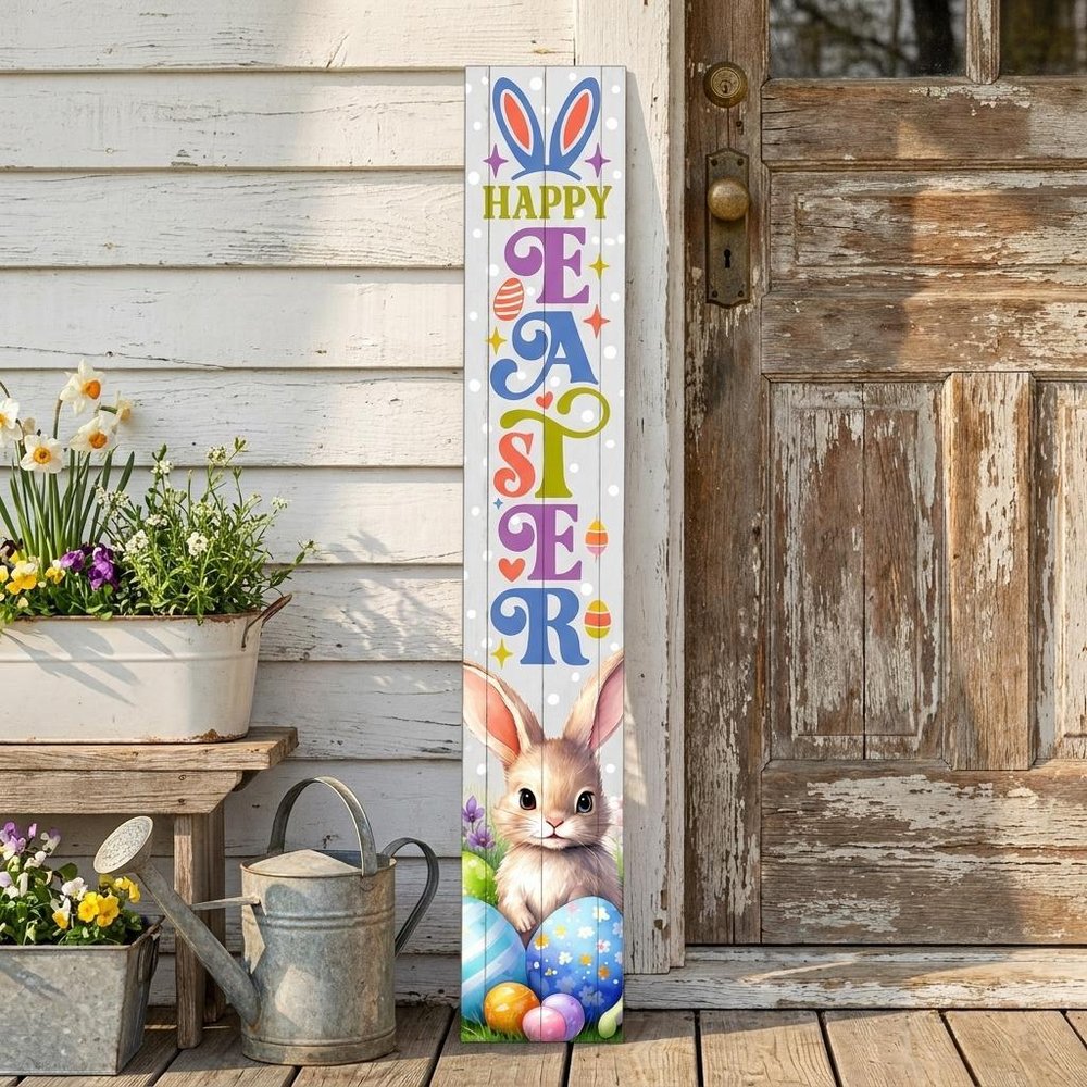 46" Lime Green Blue And White Solid Wood Happy Easter Porch Sign