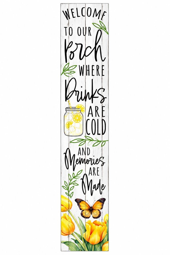 46" Yellow Green And White Solid Wood Welcome to our Porch Where Drinks are Cod and Memories are Made Porch Sign