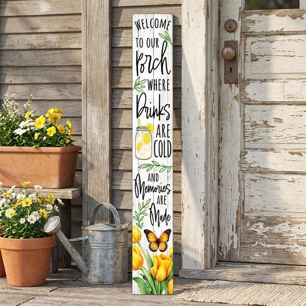 46" Yellow Green And White Solid Wood Welcome to our Porch Where Drinks are Cod and Memories are Made Porch Sign