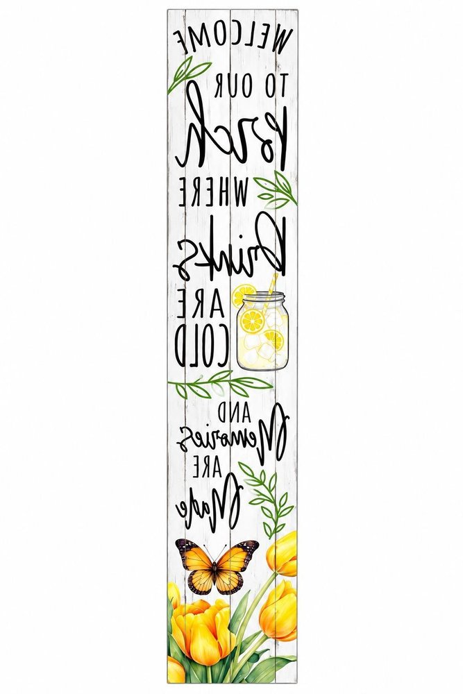 46" Yellow Green And White Solid Wood Welcome to our Porch Where Drinks are Cod and Memories are Made Porch Sign