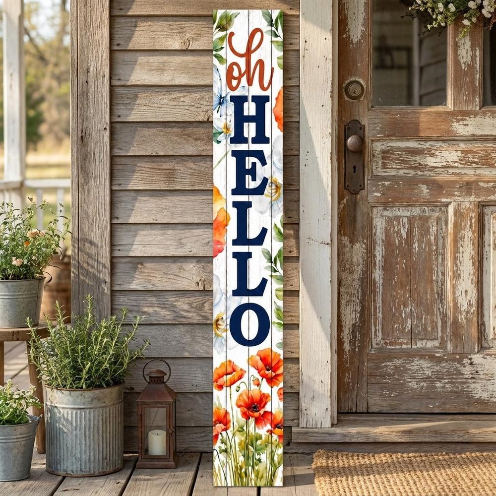46" Orange White And Green Solid Wood Oh Hello Porch Sign