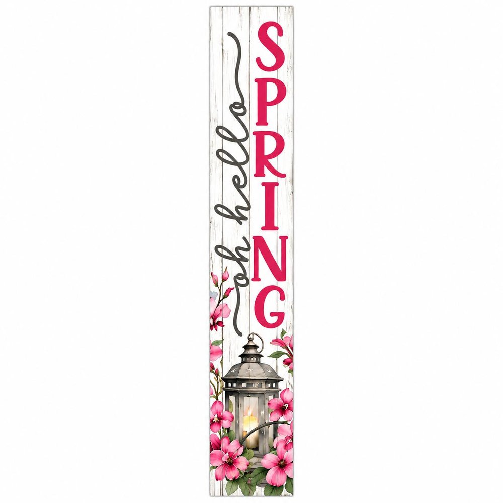 46" Pink White And Charcoal Solid Wood Oh Hello Spring Porch Sign
