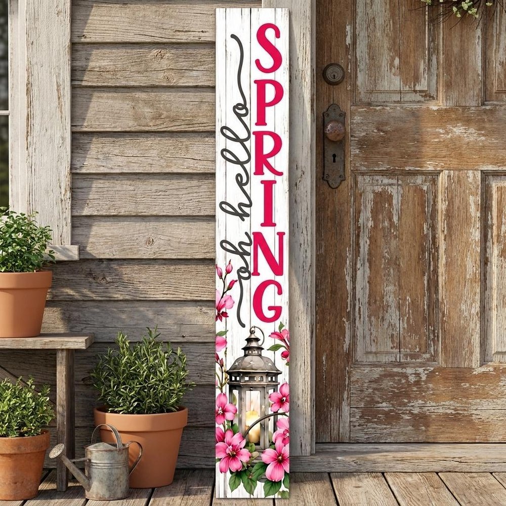 46" Pink White And Charcoal Solid Wood Oh Hello Spring Porch Sign