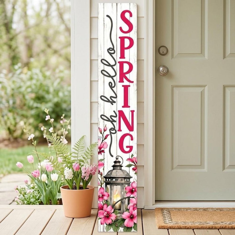 46" Pink White And Charcoal Solid Wood Oh Hello Spring Porch Sign