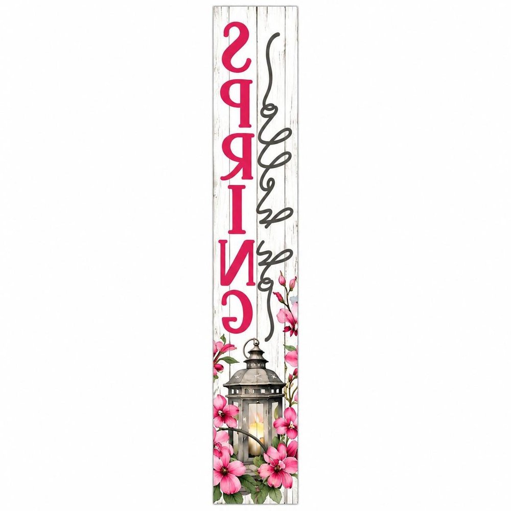 46" Pink White And Charcoal Solid Wood Oh Hello Spring Porch Sign