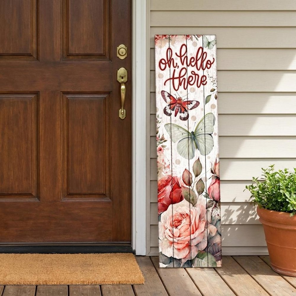 36" Mint Green White And Maroon Solid Wood Oh Hello There Porch Sign