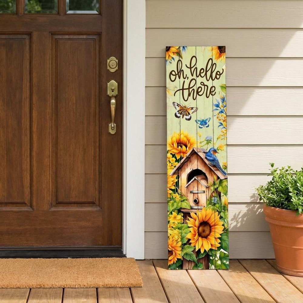 36" Dark Brown White And Yellow Solid Wood Oh Hello There Porch Sign