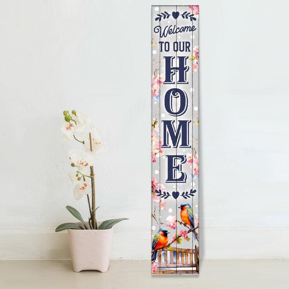 46" Dark Blue Pink And White Solid Wood Welcome To Our Home Porch Sign