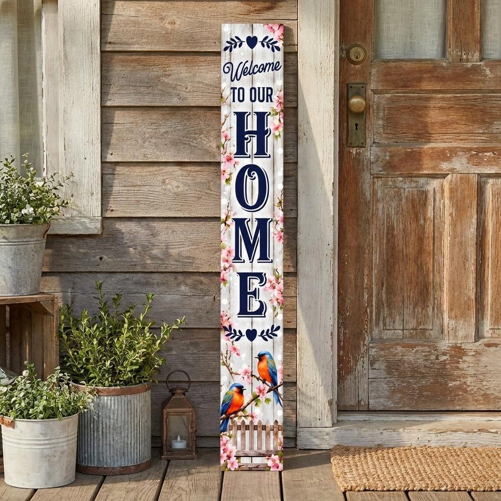 46" Dark Blue Pink And White Solid Wood Welcome To Our Home Porch Sign