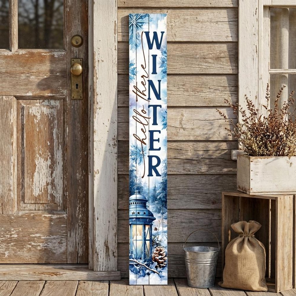 46" Navy Blue White And Sky Blue Solid Wood Hello There Winter Porch Sign