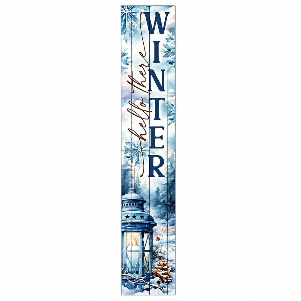 46" Navy Blue White And Sky Blue Solid Wood Hello There Winter Porch Sign