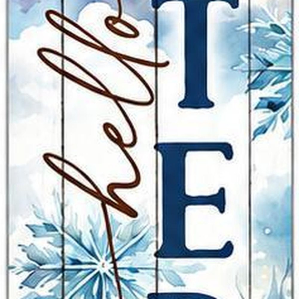 46" Navy Blue White And Sky Blue Solid Wood Hello There Winter Porch Sign