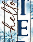 46" Navy Blue White And Sky Blue Solid Wood Hello There Winter Porch Sign