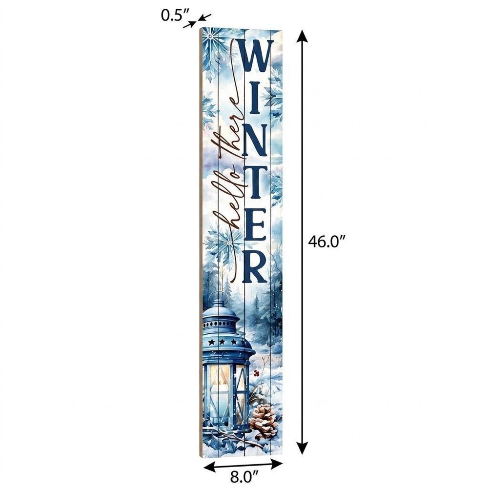 46" Navy Blue White And Sky Blue Solid Wood Hello There Winter Porch Sign