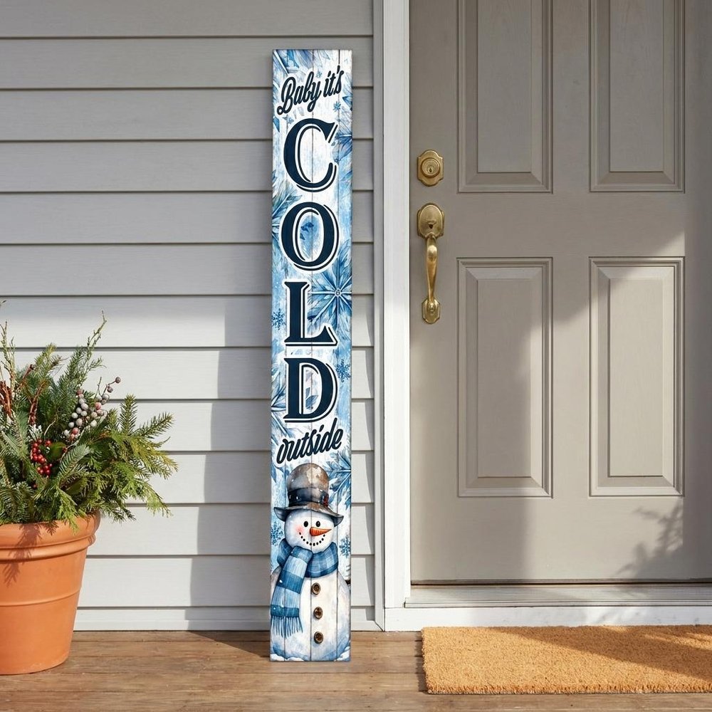 46" Navy Blue White And Slate Gray Solid Wood Baby It's Cold Outside Porch Sign