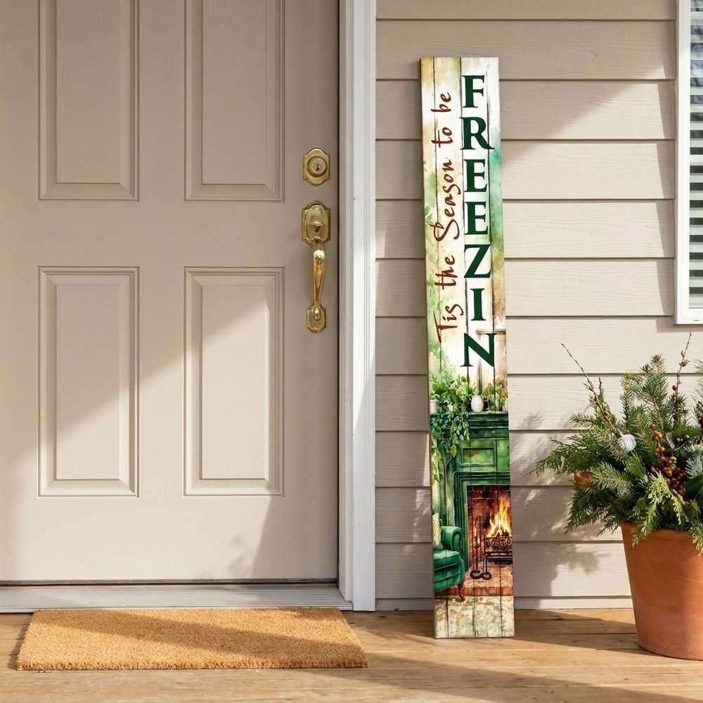 46" Brown White And Green Solid Wood Tis the Season Freezin Porch Sign