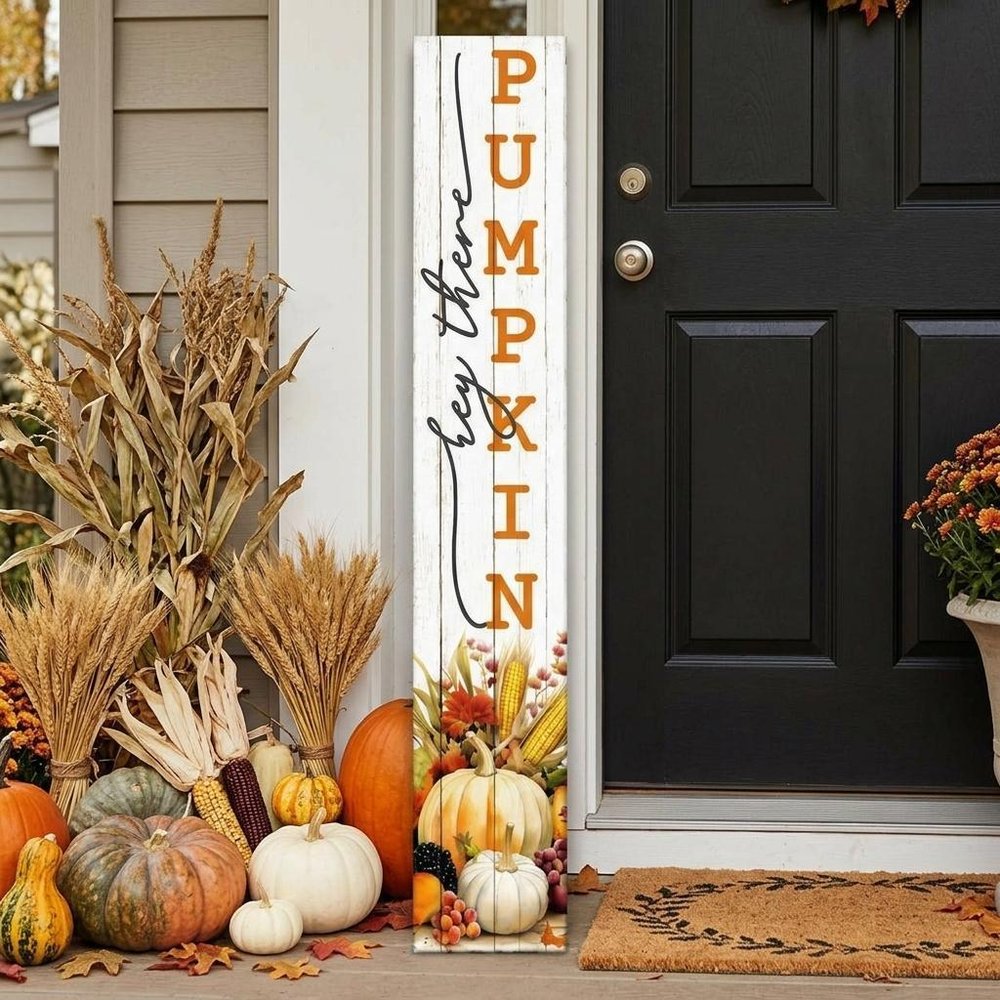 46" Orange Yellow And White Solid Wood Hey There Pumpkin Porch Sign