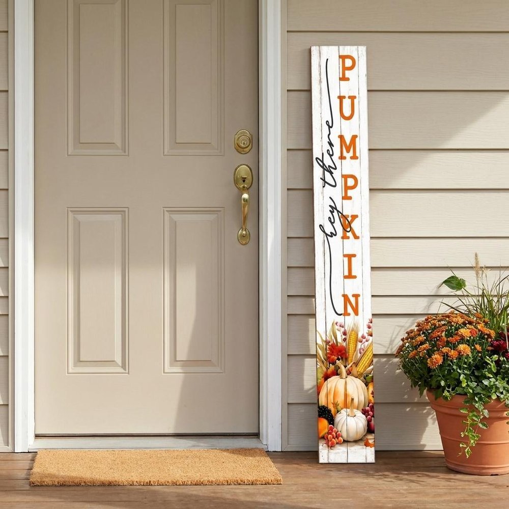 46" Orange Yellow And White Solid Wood Hey There Pumpkin Porch Sign