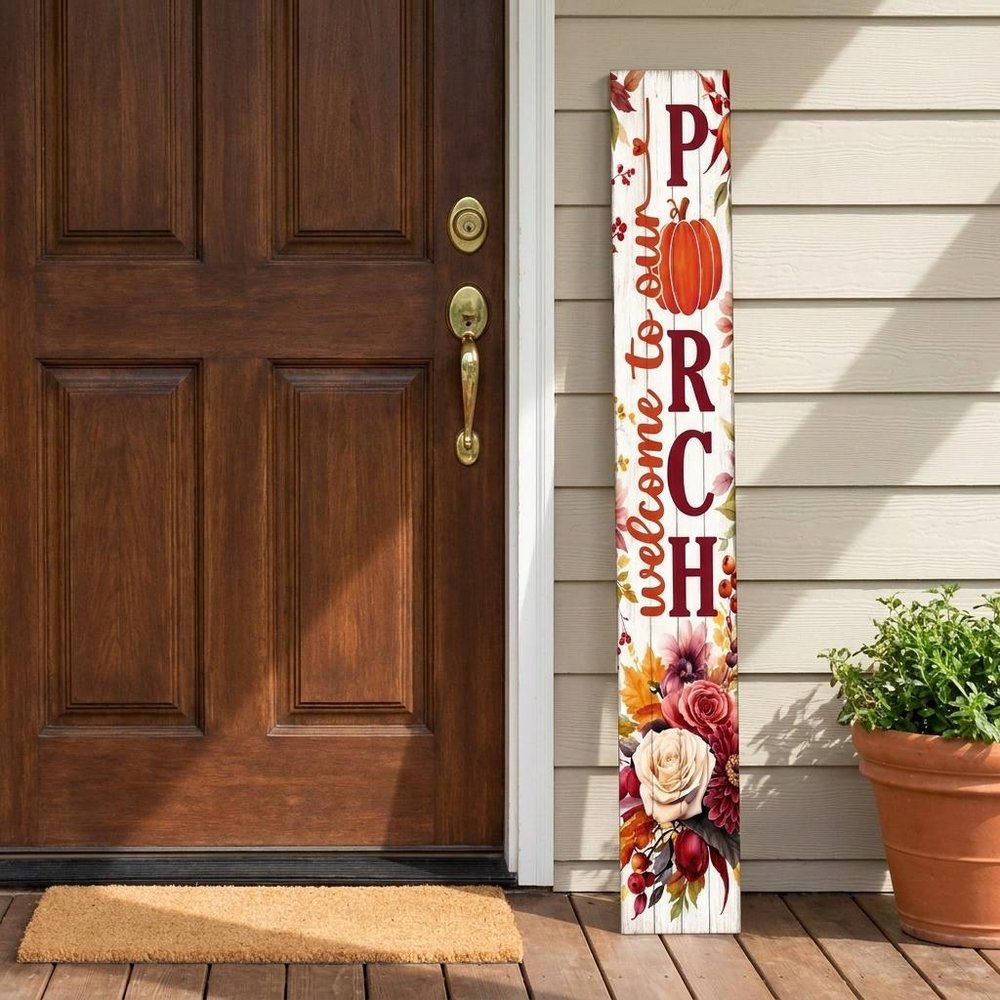 46" Burgundy White And Orange Solid Wood Welcome To Our Porch Porch Sign