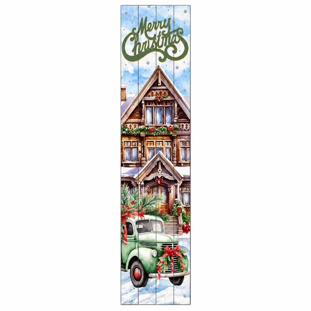 36" Sage Green And White Solid Wood Merry Christmas Snow Scene Porch Sign