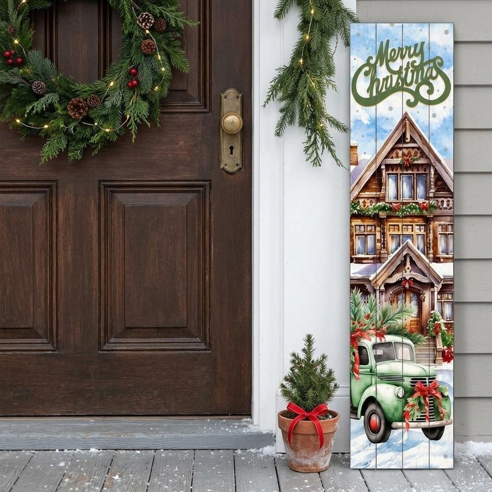 36" Sage Green And White Solid Wood Merry Christmas Snow Scene Porch Sign