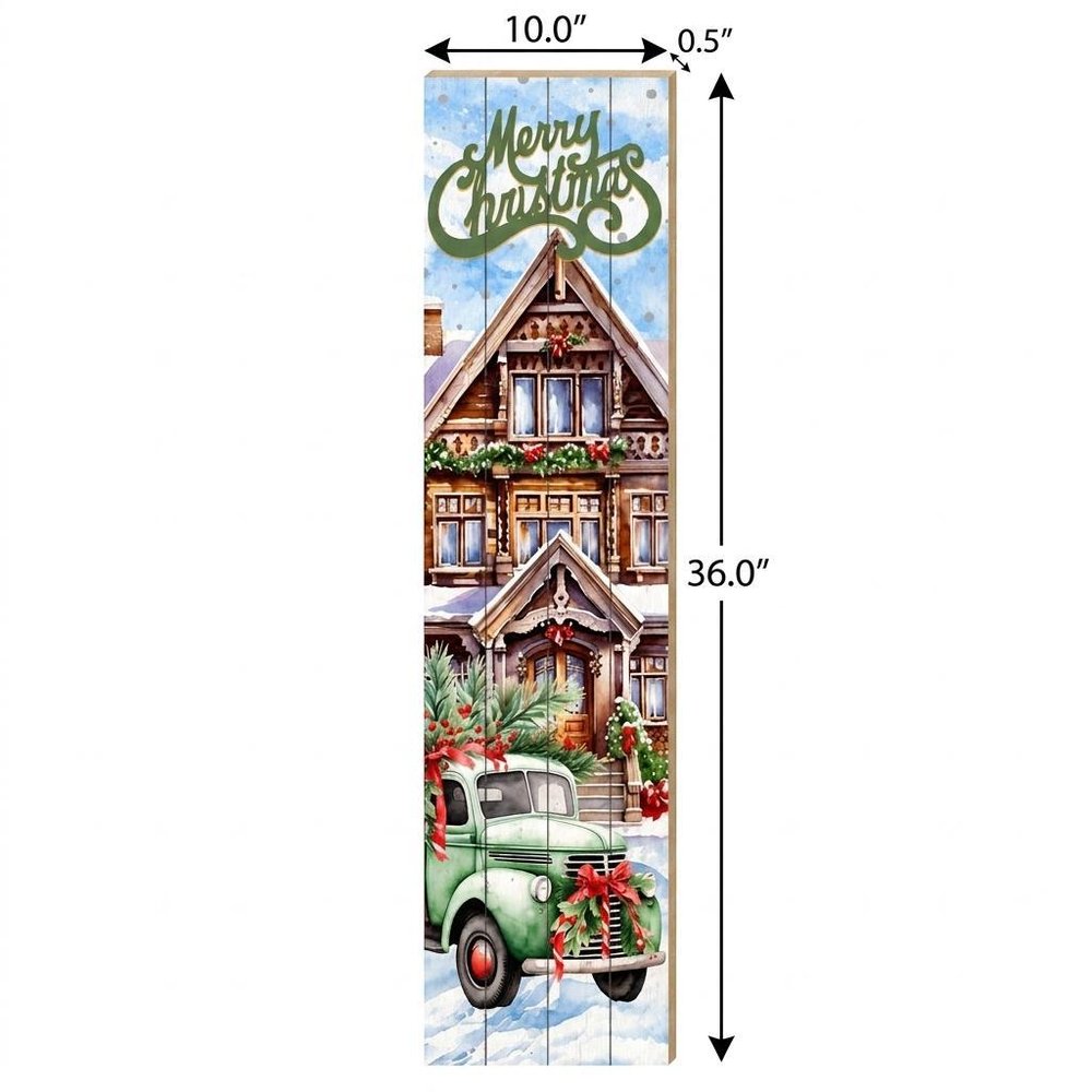 36" Sage Green And White Solid Wood Merry Christmas Snow Scene Porch Sign