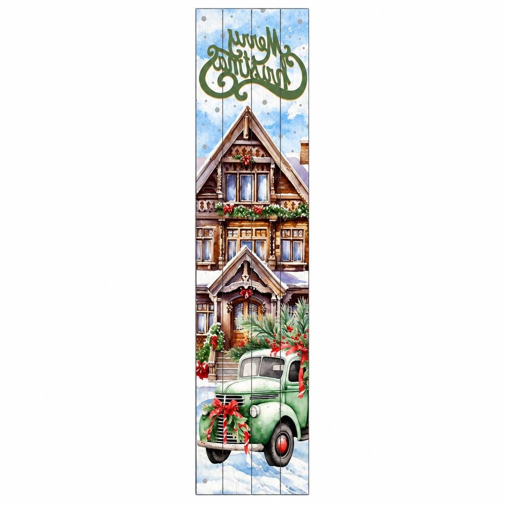 36" Sage Green And White Solid Wood Merry Christmas Snow Scene Porch Sign