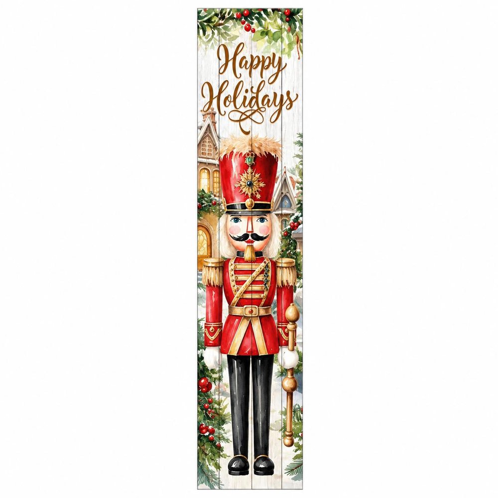 36" Gold Red White And Green Solid Wood Happy Holidays Christmas Nutcracker Porch Sign