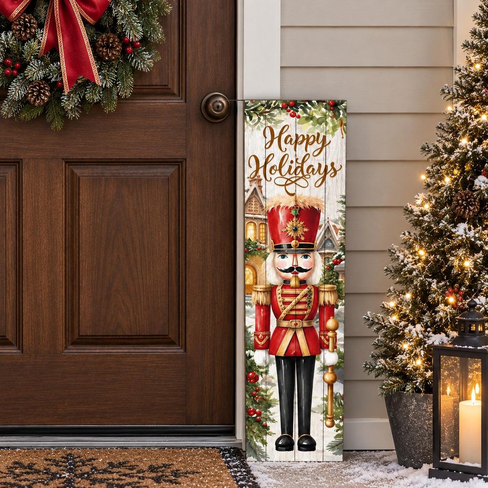 36" Gold Red White And Green Solid Wood Happy Holidays Christmas Nutcracker Porch Sign