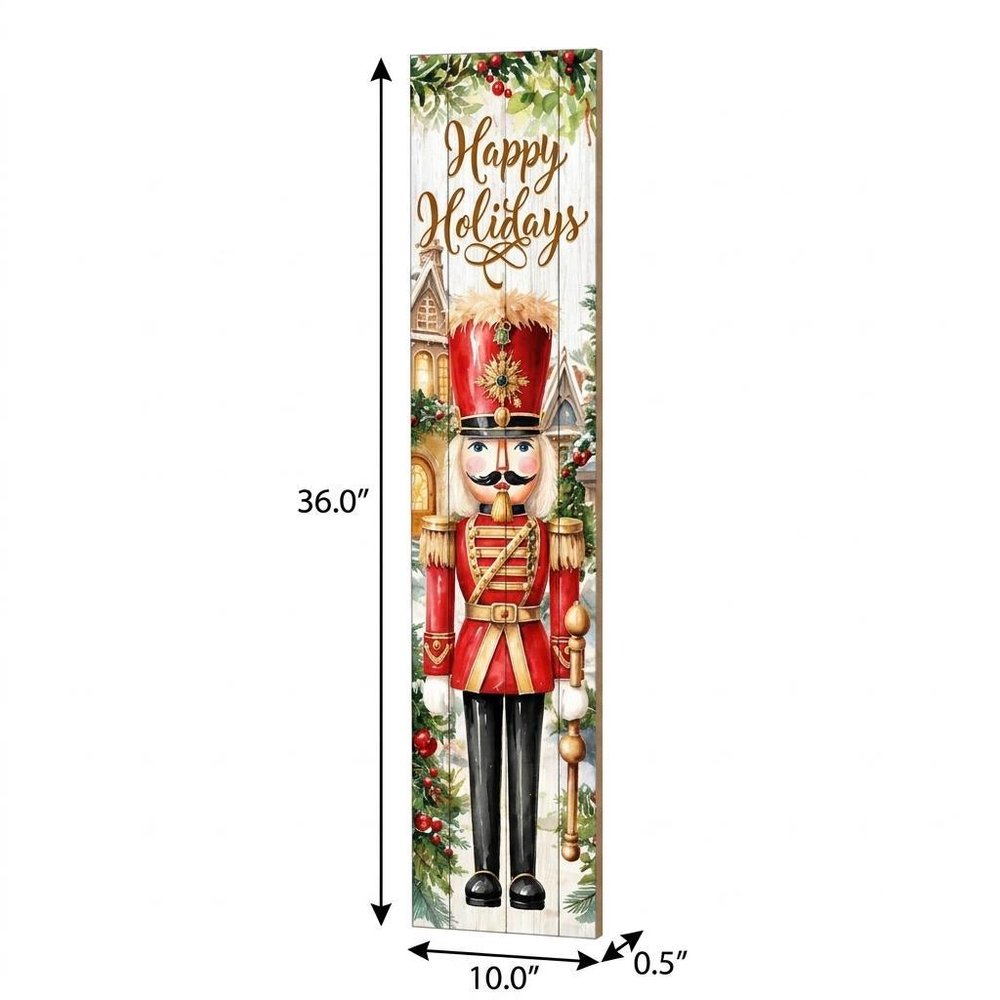 36" Gold Red White And Green Solid Wood Happy Holidays Christmas Nutcracker Porch Sign