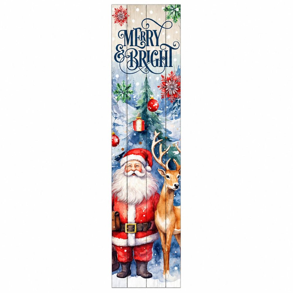 36" Sky Blue Red White And Green Solid Wood Merry &amp; Bright Santa Porch Sign