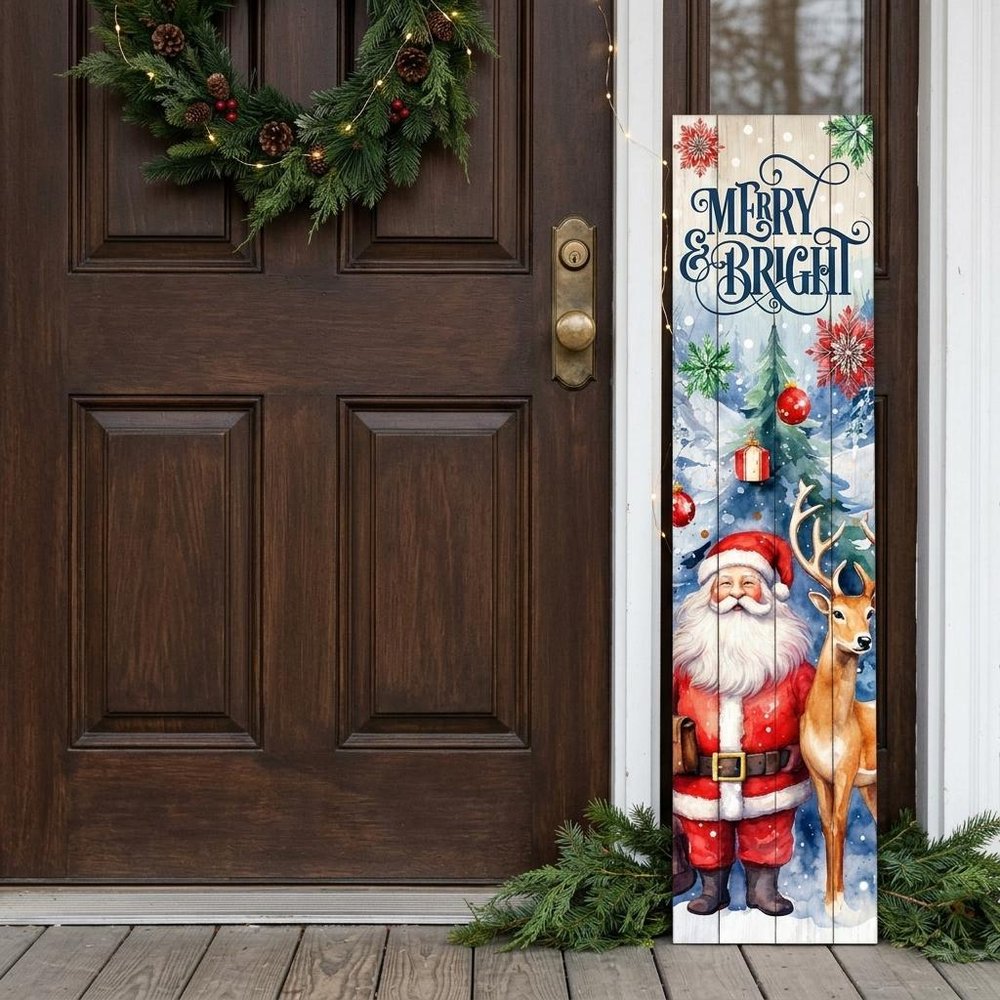 36" Sky Blue Red White And Green Solid Wood Merry &amp; Bright Santa Porch Sign