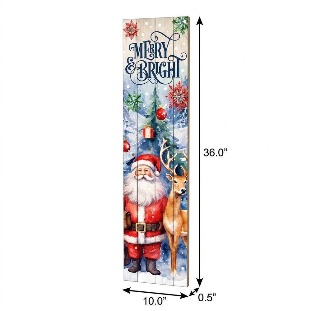 36" Sky Blue Red White And Green Solid Wood Merry &amp; Bright Santa Porch Sign