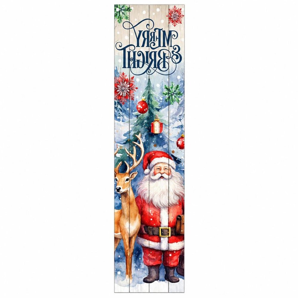 36" Sky Blue Red White And Green Solid Wood Merry &amp; Bright Santa Porch Sign
