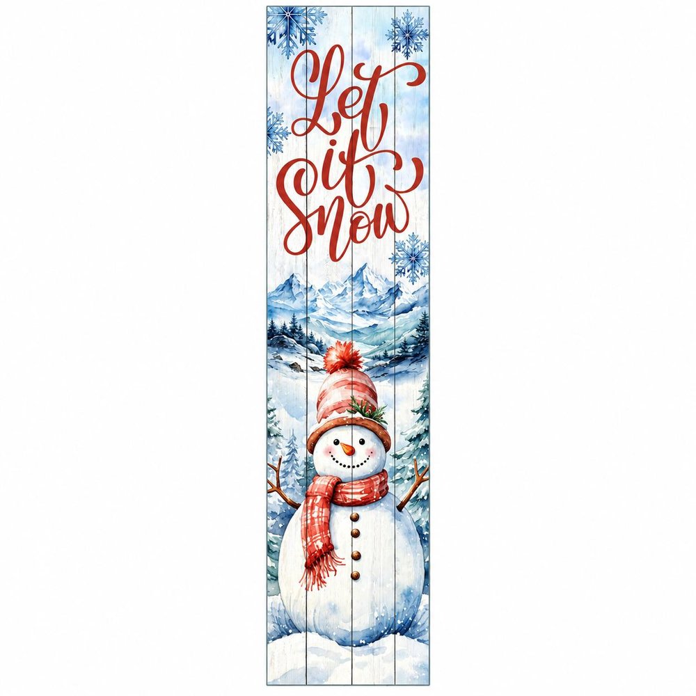 36" Sky Blue Red And White Solid Wood Let It Snow Christmas Snowman Porch Sign