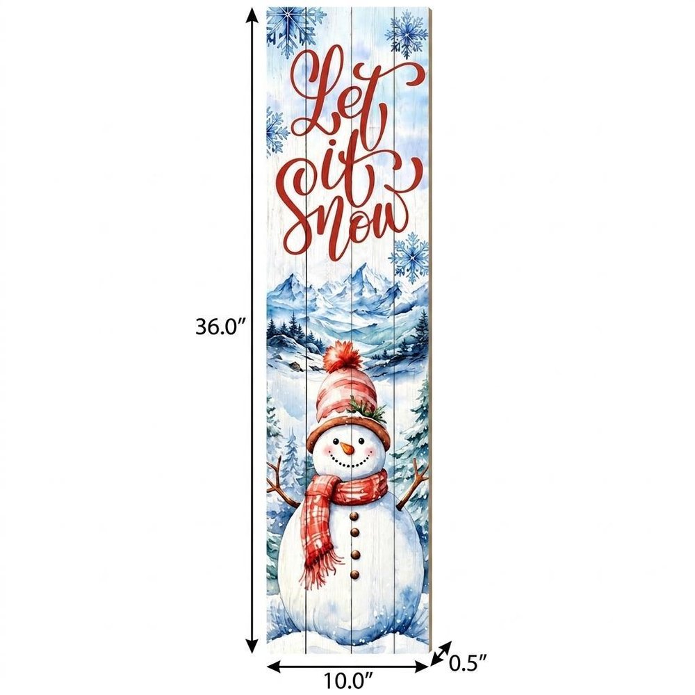 36" Sky Blue Red And White Solid Wood Let It Snow Christmas Snowman Porch Sign
