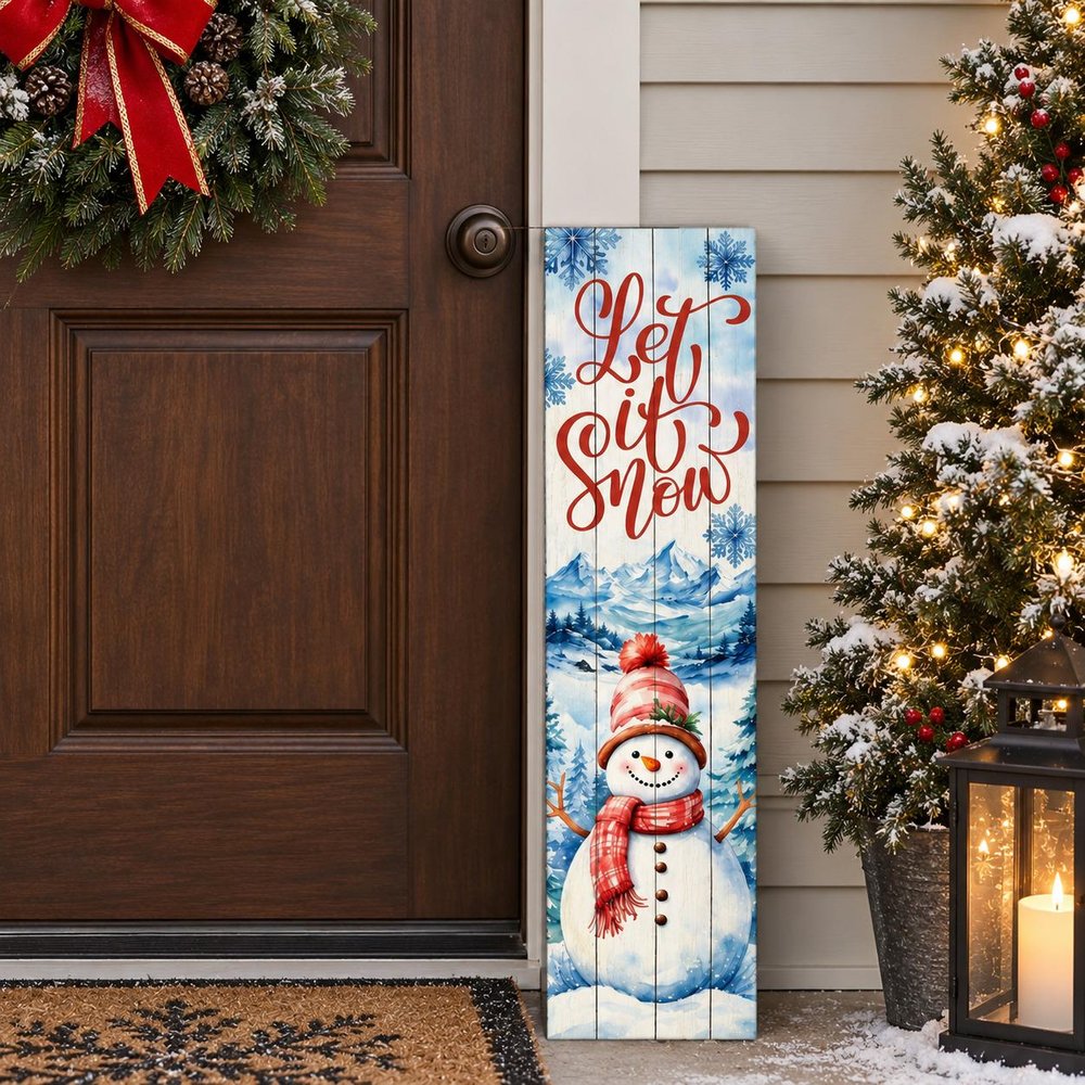 36" Sky Blue Red And White Solid Wood Let It Snow Christmas Snowman Porch Sign