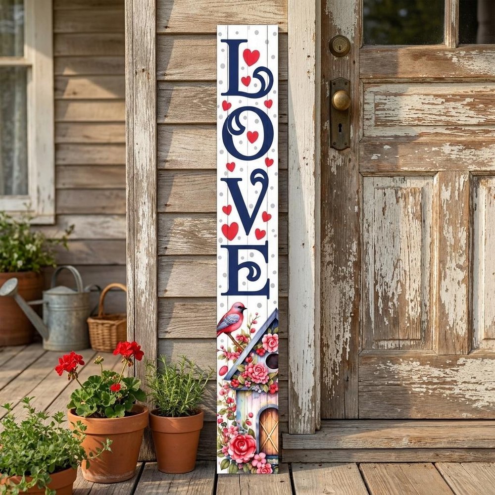 46" Navy Blue White And Red Solid Wood Love Porch Sign