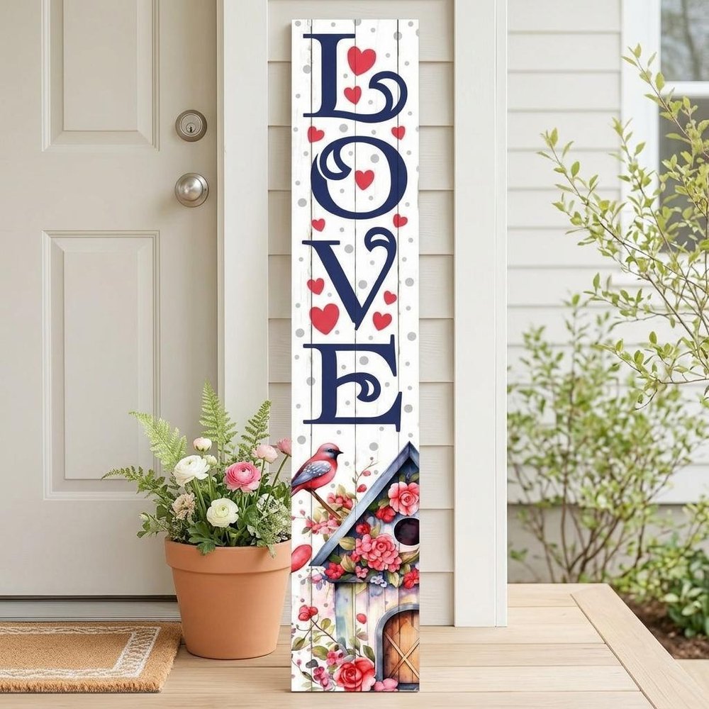 46" Navy Blue White And Red Solid Wood Love Porch Sign