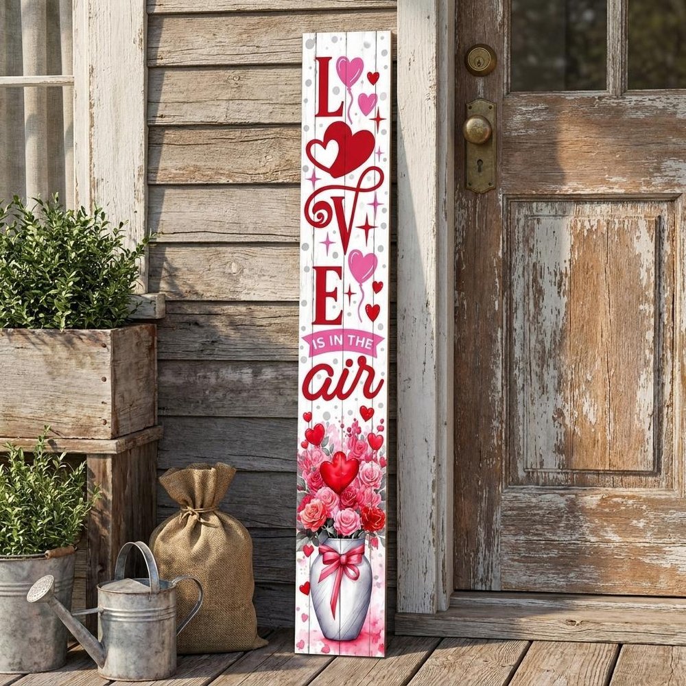46" Red White And Pink Solid Wood Love is in the Air Porch Sign