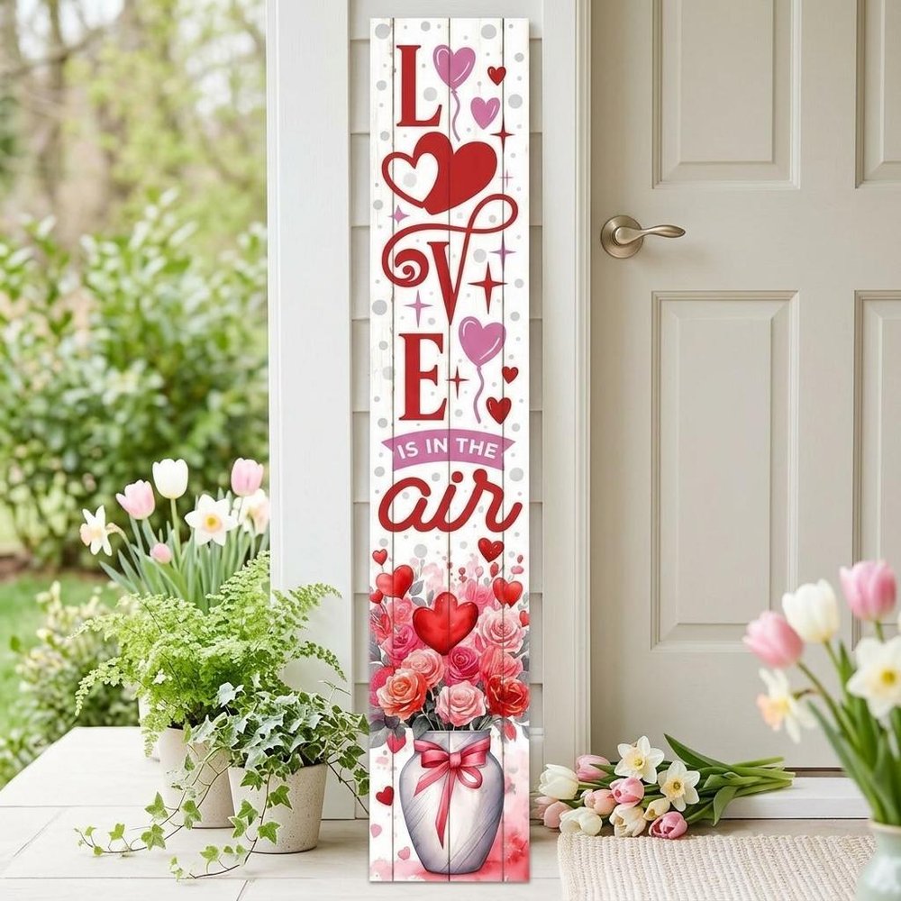 46" Red White And Pink Solid Wood Love is in the Air Porch Sign
