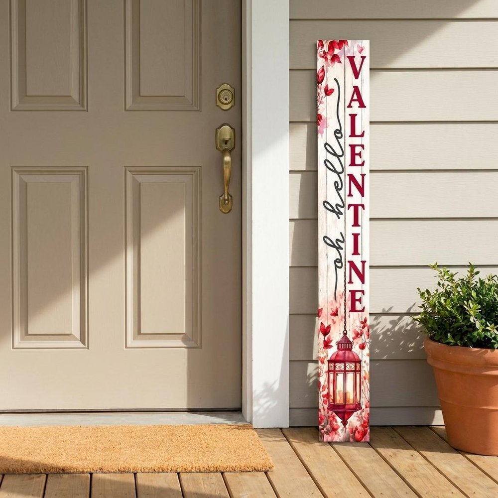 46" Charcoal White And Red Solid Wood Hello Porch Sign