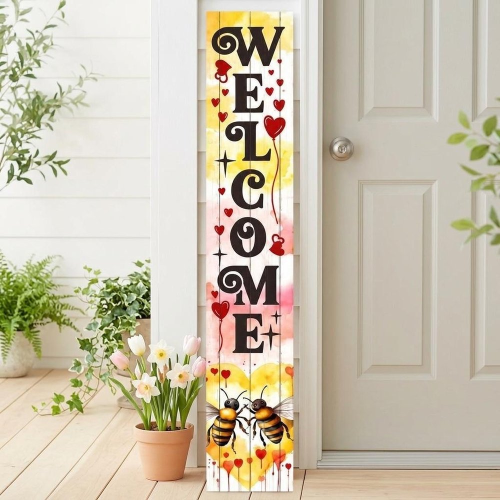 46" Charcoal White Red And Yellow Solid Wood Welcome Porch Sign