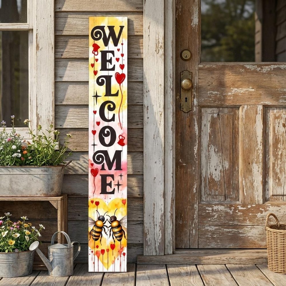 46" Charcoal White Red And Yellow Solid Wood Welcome Porch Sign