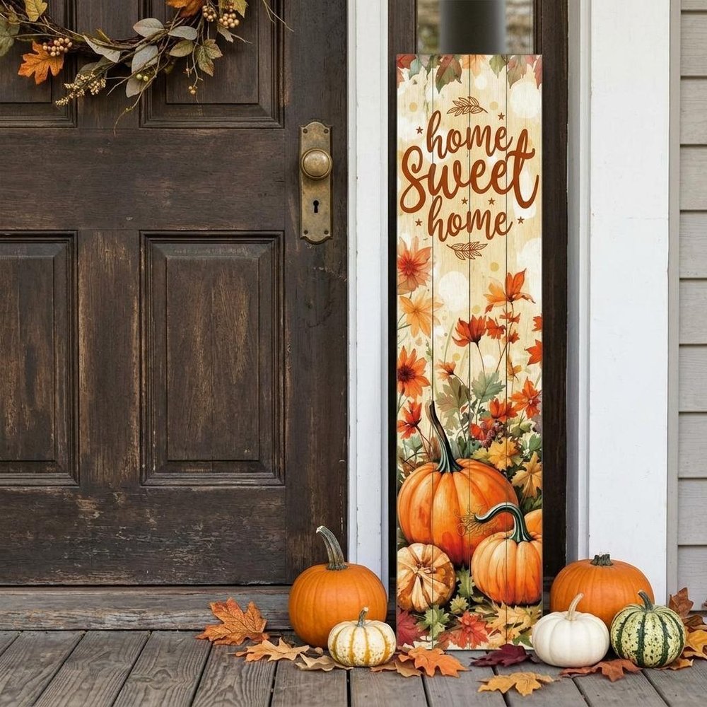 36" Beige Rust And Orange Solid Wood Home Sweet Home Pumpkin Porch Sign