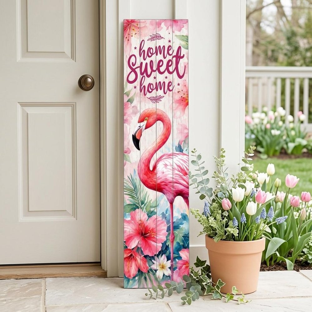 36" Green Hot Pink And White Solid Wood Home Sweet Home Flamingo Porch Sign