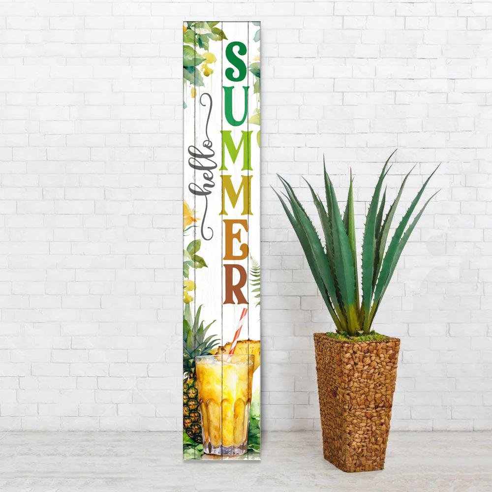 46" Yellow Off White Green And Dark Gray Solid Wood Hello Summer Porch Sign