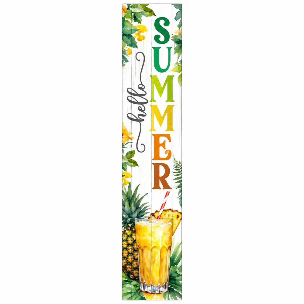 46" Yellow Off White Green And Dark Gray Solid Wood Hello Summer Porch Sign