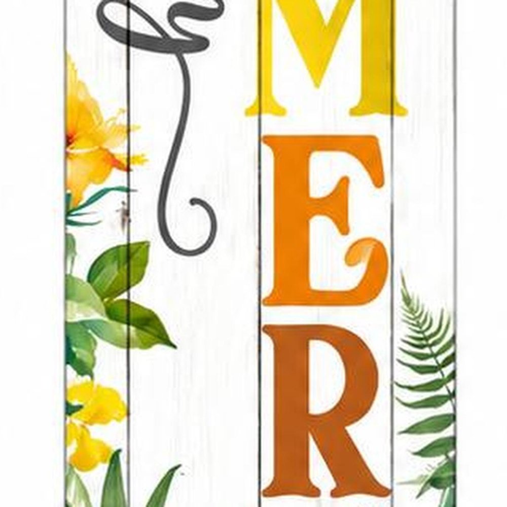 46" Yellow Off White Green And Dark Gray Solid Wood Hello Summer Porch Sign