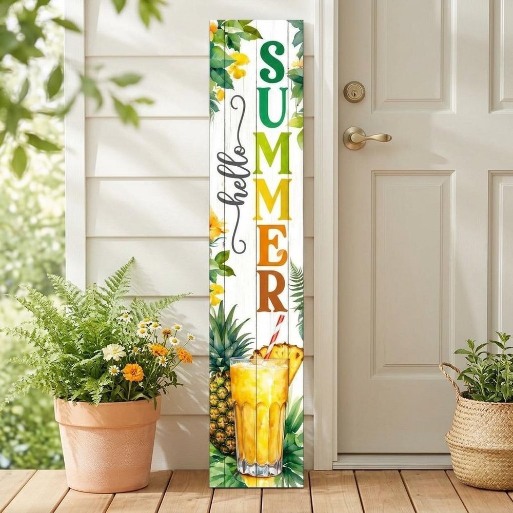 46" Yellow Off White Green And Dark Gray Solid Wood Hello Summer Porch Sign